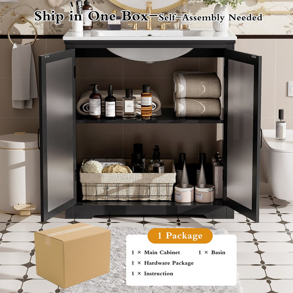 English Elm Christopher Knight Home® - 30" Modern Bathroom Vanity with Ceramic Sink, Tempered Blurred Glass Doors, Rubber Wood Frame Storage Matte Black N817P279904B