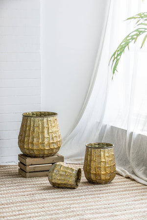 English Elm Set of 3 Distressed Zinc Metal Planters with Aged Golden Finish for Farmhouse Decor W2078P499531