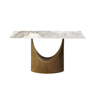 English Elm 55.12"Modern Sintered Stone Dining Table with Bronze Iron Legs — Sleek Rectangular Top, Seats 6, 400 lb Capacity Antique Brass,White W1535S00556