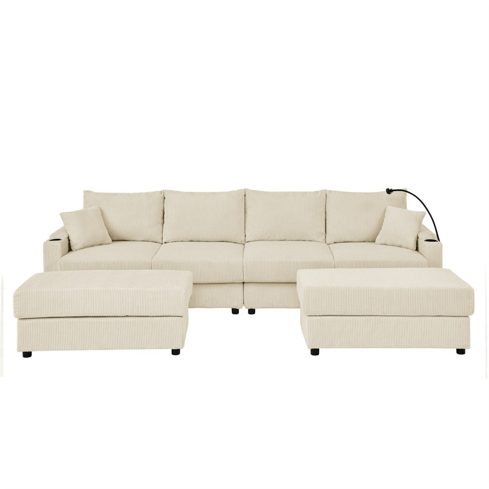 English Elm U-shaped Corduroy Sectional Sofa with Ottomans Cup Holders and Deep Lounge Seating W1117S00217