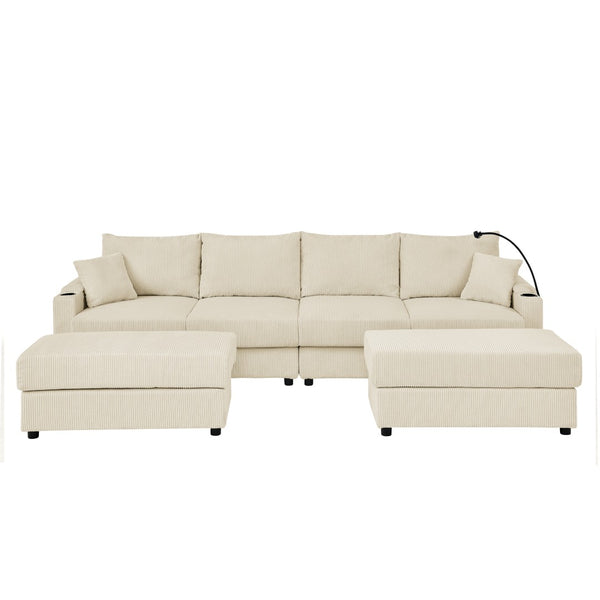 English Elm U-shaped Corduroy Sectional Sofa with Ottomans Cup Holders and Deep Lounge Seating W1117S00217