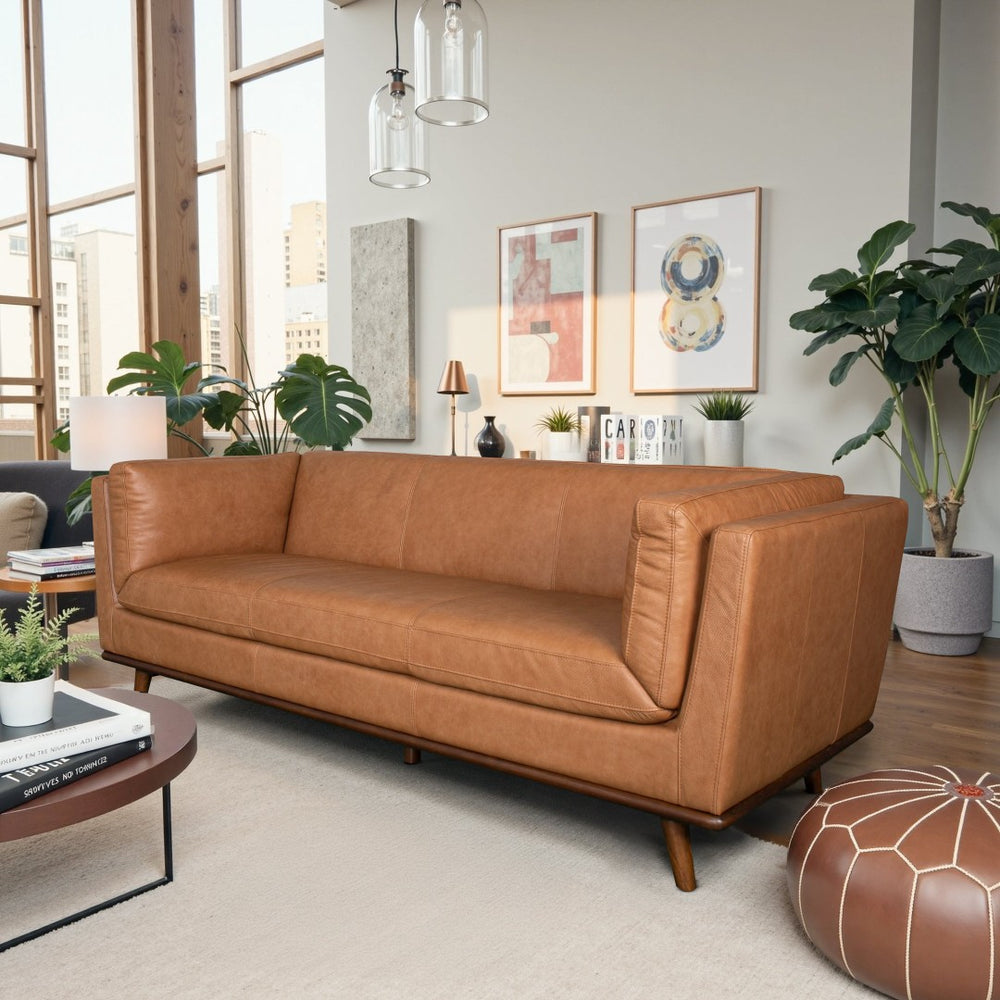 English Elm Phoenix Top Grain Leather Sofa Warm Cognac Three Seat Living Room Comfort B183P493696