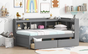 English Elm Twin Size L-Shaped Bookcase Bed With Usb Charging, Drawers, And Stylish Grey Finish For Modern Rooms W504S00218-GIGA