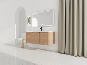English Elm 48" Floating Bathroom Vanity Dual Ceramic Vessel Sinks Oak Finish Soft Close Doors W999S00507