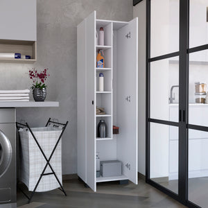 English Elm Lake Broom Slim Storage Cabinet with Inner Shelves, Side Broom Hangers & Bottom Compartment White B200S00400