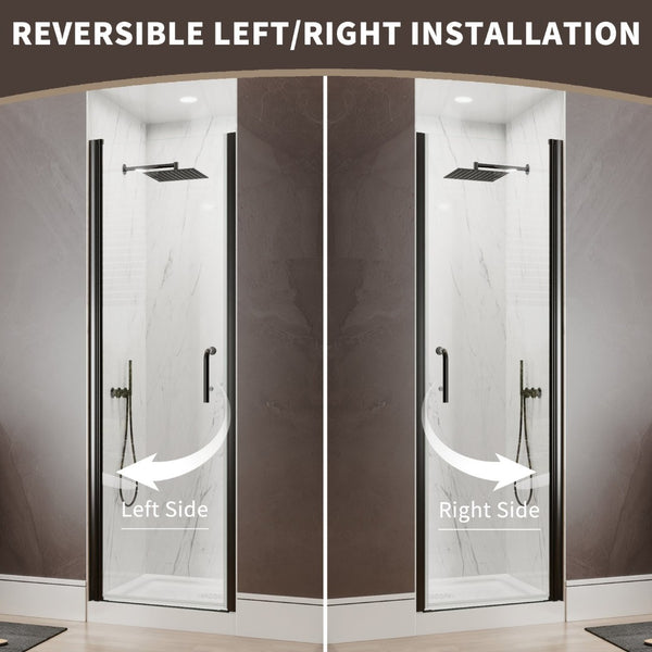 English Elm 32-34 in Frameless Pivot Shower Door Clear Tempered Glass with Matte Black Hardware W63777029