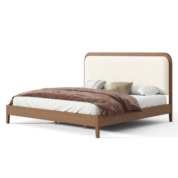 English Elm King Acacia Wood Platform Bed Curved Upholstered Headboard Scandinavian Bedroom N758K518081N