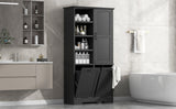 English Elm Bathroom Storage Cabinet With Doors and Drawers, Tilt-Out Laundry Hamper, Multiple Storage Space, Freestanding Style, Open Shelve, Adjustable Shelf, Black