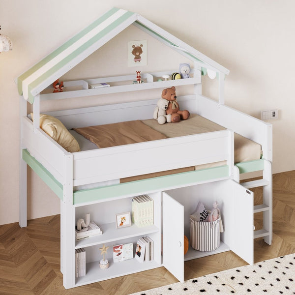 English Elm Full Size Pine Loft Bed with House Canopy Roof Built-in Shelves Kids Bedroom N7090005012F