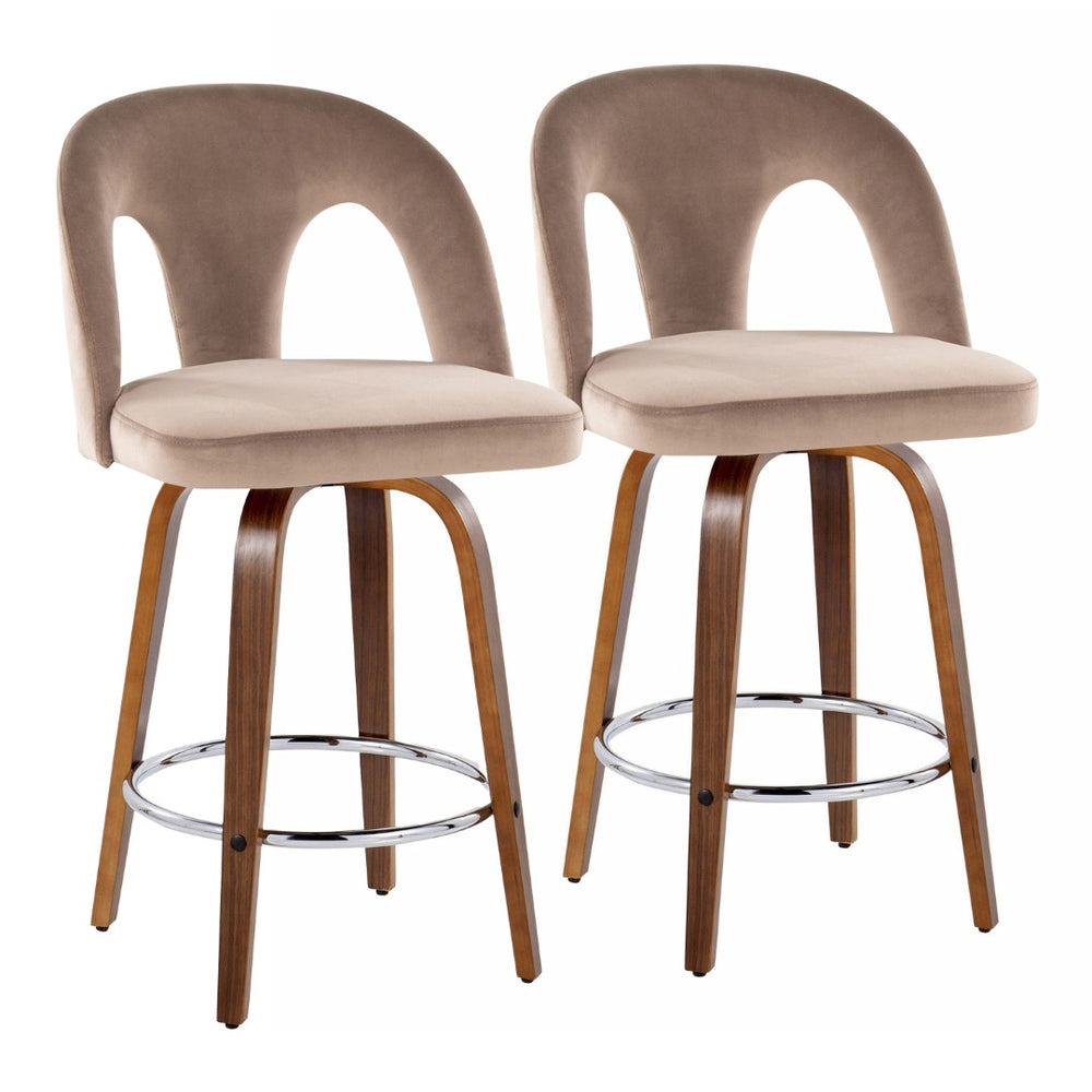 English Elm Fixed-height Swivel Counterstools Taupe Velvet Bentwood Walnut Legs Chrome Footrest Set B202S01796