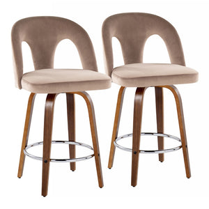 English Elm Fixed-height Swivel Counterstools Taupe Velvet Bentwood Walnut Legs Chrome Footrest Set B202S01796
