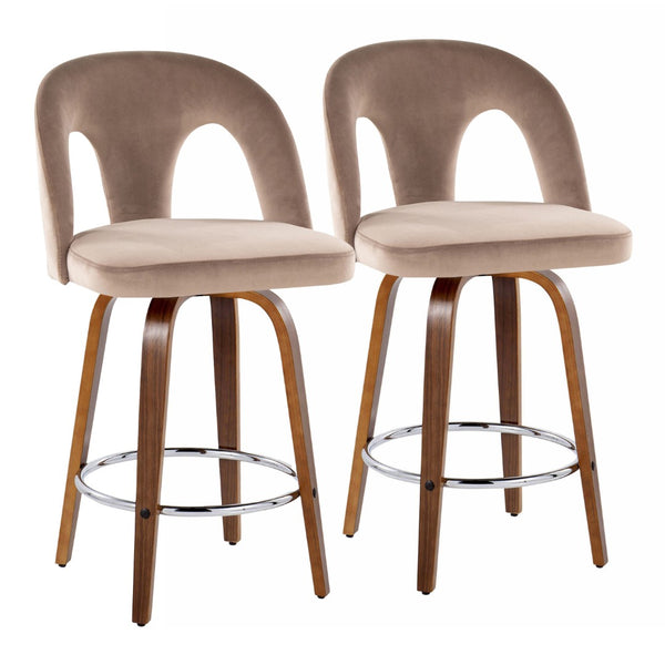 English Elm Fixed-height Swivel Counterstools Taupe Velvet Bentwood Walnut Legs Chrome Footrest Set B202S01796