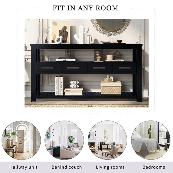 English Elm U_style Wide Painted Console Table Four Drawers Open Shelves Foyer Living Room Black N711P410406B
