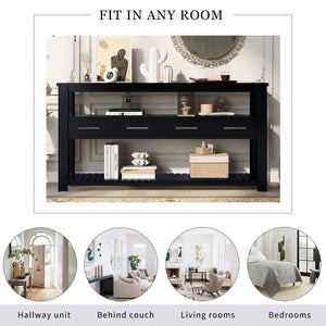 English Elm U_style Wide Entryway Console Table with Four Drawers and Open Shelving Storage N711P234484B