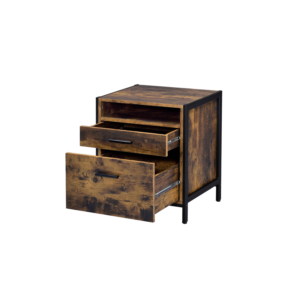 English Elm Juvanth Rustic Oak & Black Nightstand with Metal Frame, 2 Drawers + Open Shelf, Durable Modern Design B2726P261205