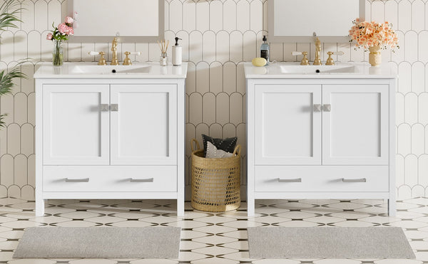 English Elm 72" White Bathroom Vanity Set with Dual Ceramic Sinks, Soft-Close Doors, Divided Drawers & Ample Storage, Solid Wood Frame, Easy Plumbing Access N729P000006K