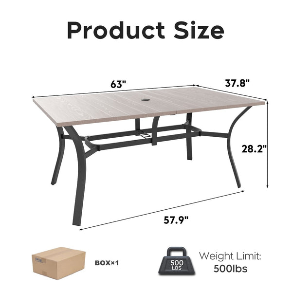 English Elm "vintage Wood Grain Steel Outdoor Dining Table with Umbrella Hole Rust Proof Slatted Top Natural W3979P394143