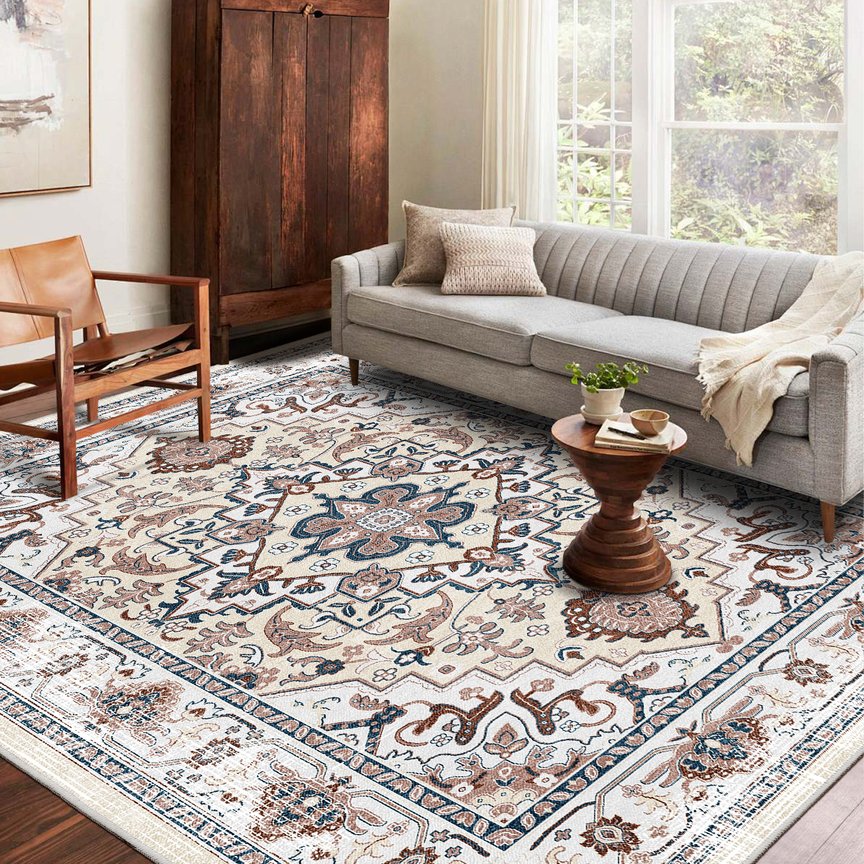 English Elm Area Rug 8X10 Vintage Bohemian Floral Design In Orange-Yellow - Non-Slip, Washable For Any Room W2907P265121