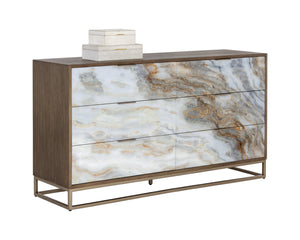 Sunpan FUENTES Dresser: Glamorous Oak Veneer & Acrylic Doors with Brass Base – Stylish Storage Solution! 106750