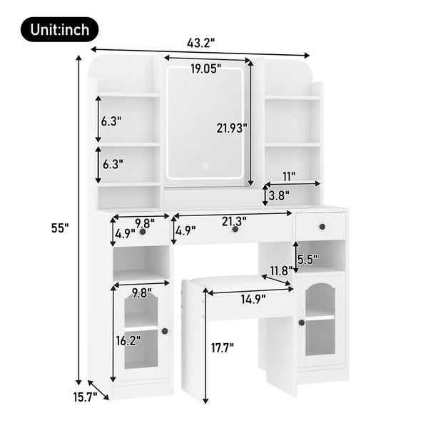 English Elm 43.2" Bedroom Dressing Table with Rgb Lit Glass Cabinets Led Mirror and Charging Station White N704P407114K