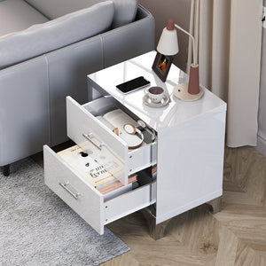 English Elm High Gloss Mirrored 2 Drawer Nightstand Slim Metal Legs Modern Bedroom Side Table White W5271P416521
