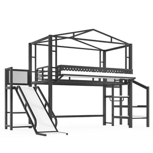 English Elm Twin Metal Loft Bed with Built-in Wardrobe Storage Stairs Led Lights and Usb Ports W5316S00045