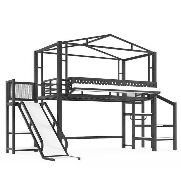 English Elm Twin Metal Loft Bed with Built-in Wardrobe Storage Stairs Led Lights and Usb Ports W5316S00045