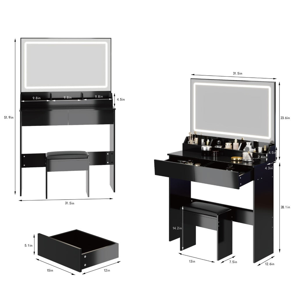 English Elm 31" X 20" Led Vanity Table Set with Cushioned Stool Touch Lighting Small Space Black W3258P453342