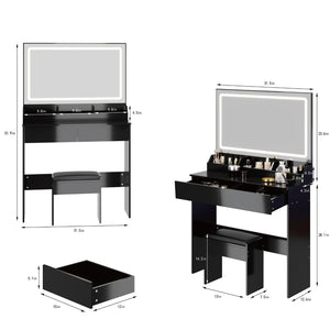 English Elm 31" X 20" Led Vanity Table Set with Cushioned Stool Touch Lighting Small Space Black W3258P453342