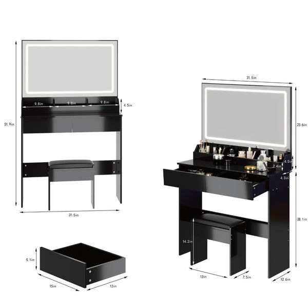 English Elm 31" X 20" Led Vanity Table Set with Cushioned Stool Touch Lighting Small Space Black W3258P453342