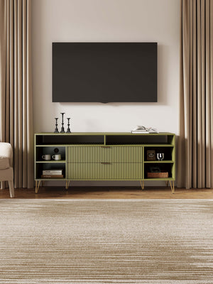 English Elm Dumbo 63" Fluted Media Console with Gold Legs, 2 Drawers, 6 Shelves & Wire Management Elegance Olive Green B365P397921