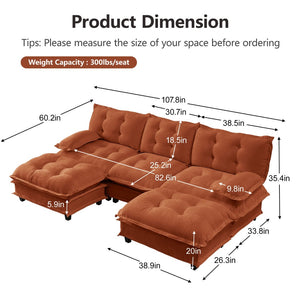 English Elm 107" U Shaped Chenille Sectional Cloud Sofa with Ottomans Deep Seat Modular Living Room Orange W714S01739
