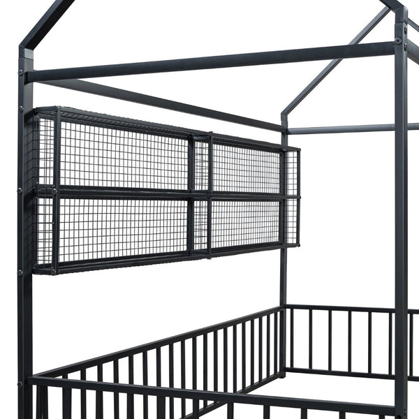 English Elm Twin House Frame Bed Powder Coated Steel with Built in Shelves for Kids Room N737P175360B
