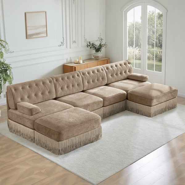 English Elm 4-seater Modular Sectional with Ottomans Tufted Fleece Sofa Tassel Skirt Retro Luxe Camel W714S01701