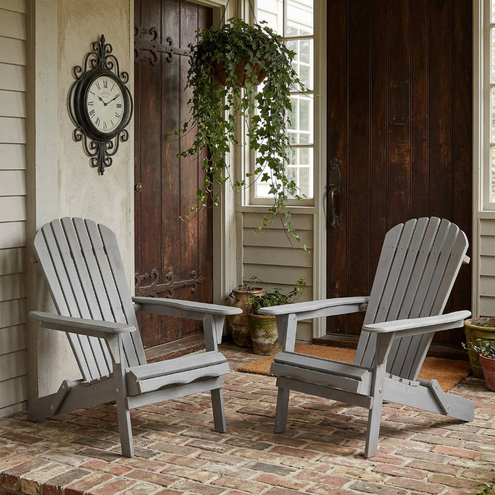 English Elm Outdoor Solid Hemlock Adirondack Chair Set Two Foldable Slatted Patio Seating W2640P470154