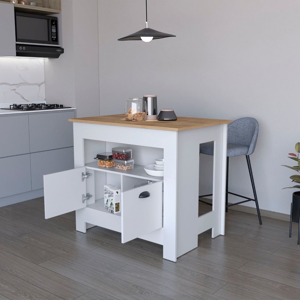 English Elm Theba Kitchen Island with Two Cabinet Doors and Three Shelves for Organized Cooking B128P460135