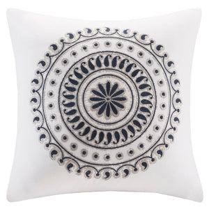 JLA Home INK+IVY - Embroidered Navy Medallion Square Pillow — Off-White Woven Cover, Plush Fill, Coastal-Ready Accent II30-549