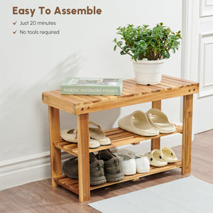English Elm Acacia 2-Tier Shoe Rack Bench — Natural Acacia Wood Organizer, Compact 200 lb Seat, Easy Assemble W2391P149801