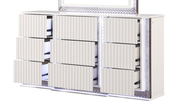 English Elm Fabio Diamond-Pattern 6-Drawer Dresser with LED Lighting, Velvet-Lined Top Drawers, White Finish G150109123