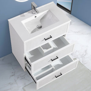 English Elm 30 Inch Bathroom Vanity With Ceramic Sink - Modern Freestanding Storage Cabinet, 2 Drawers, White Finish W1550S00045