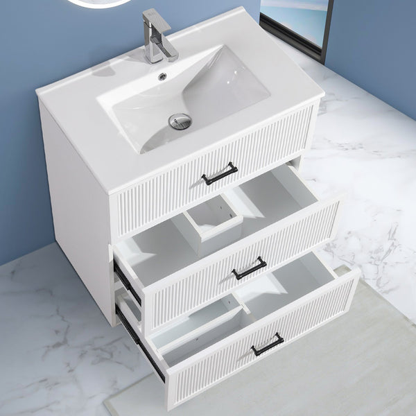 English Elm 30 Inch Bathroom Vanity With Ceramic Sink - Modern Freestanding Storage Cabinet, 2 Drawers, White Finish W1550S00045