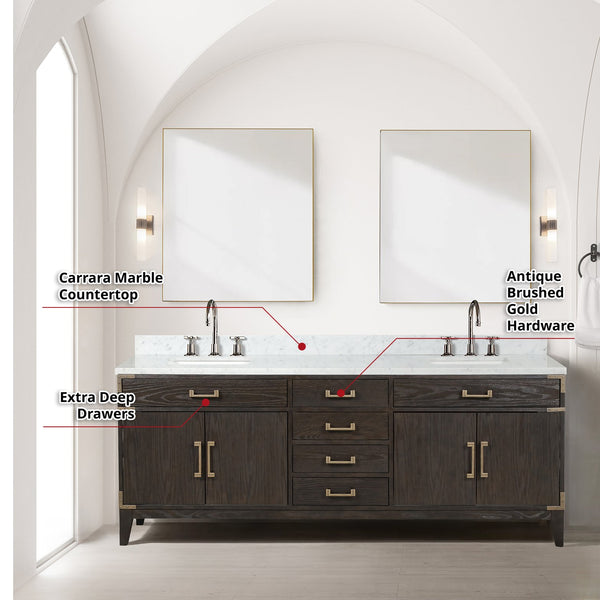 English Elm Brown Oak Double Bath Vanity Set With Carrara Marble Top, Chrome Faucets & 36" Mirrors - Elevate Style! B2731S01878