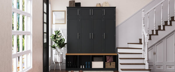 English Elm Wood Entryway Hall Tree with Bench Seating Coat Hooks Shoe Cubbies Cabinet Black W5271S00003