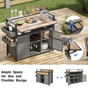 English Elm K&K Wicker Outdoor Grill Cart with Foldable Drop Leaf, Locking Wheels, Wine Rack & Ample Storage Grey N707P233747G