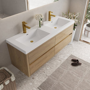English Elm 60" Floating Bathroom Vanity Stone Resin Double Sink Soft Close Cabinet Spa Modern Oak Natural Wood + Antique White W1573P211187