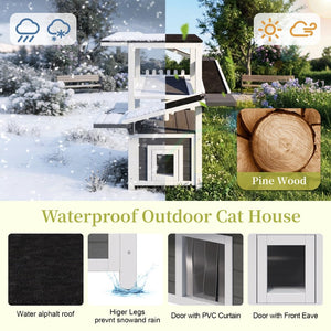 English Elm 4 Tier Outdoor Pine Cat Tower with Waterproof Roof Enclosed Den and Balcony Perch Grey,White N704P436318K