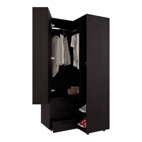 English Elm Wenge Armoire Wardrobe with Open Storage, 7 Shelves & 3 Drawers for Organized, Spacious Living B062S01284