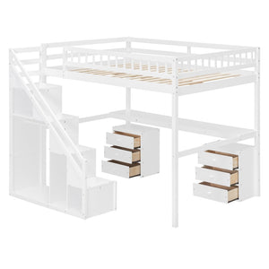 English Elm Full Size Loft Bed with Desk Drawers Led Strip and Staircase for Teen Rooms White LT000258AAK-1