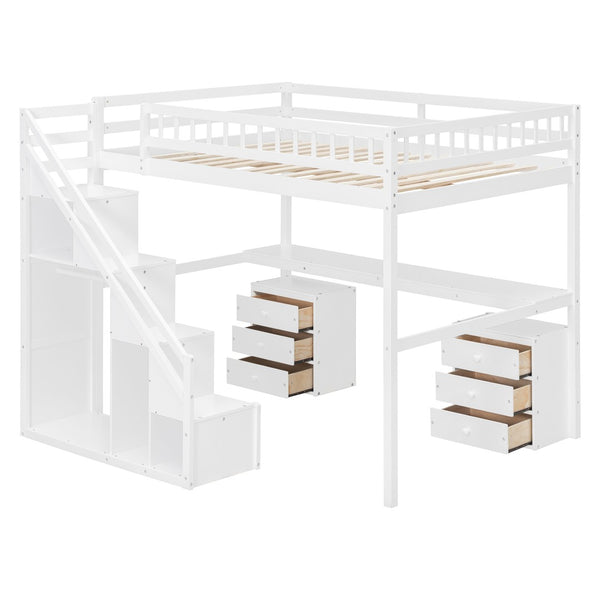 English Elm Full Size Loft Bed with Desk Drawers Led Strip and Staircase for Teen Rooms White LT000258AAK-1