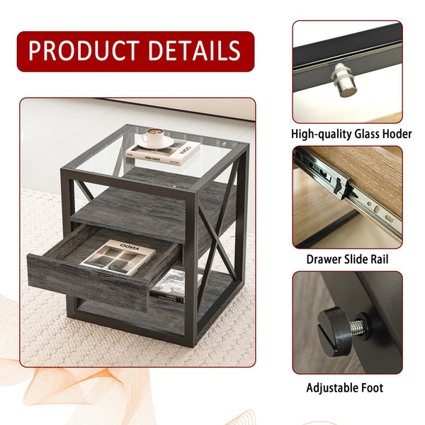English Elm 1 Modern End Table With Drawer - Industrial Rustic Wood & Glass Nightstand, Compact Storage Solution W241P246916